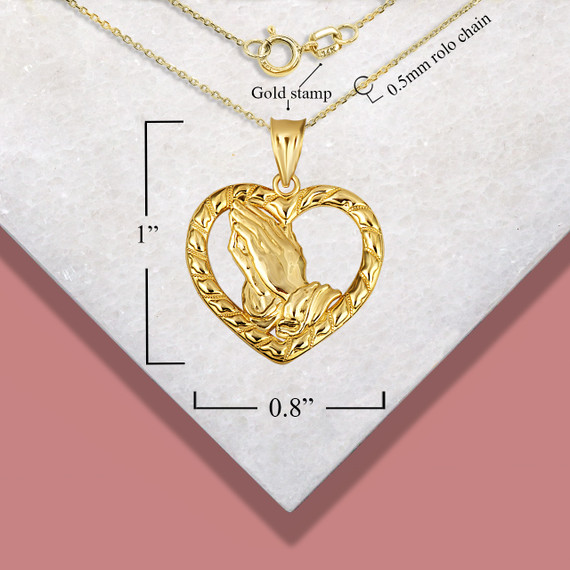 Gold Serenity Praying Hands Heart Love Pendant Necklace with measurements