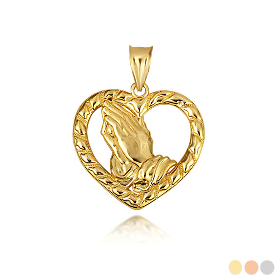 Yellow Gold Serenity Praying Hands Heart Love Pendant