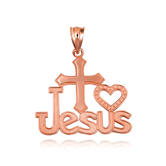 Rose Gold Cross Heart "I Love Jesus" Beaded Pendant