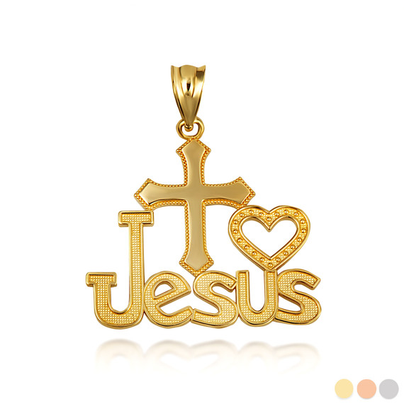 Gold Cross Heart "I Love Jesus" Beaded Pendant