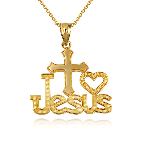 Gold Cross Heart "I Love Jesus" Beaded Pendant Necklace