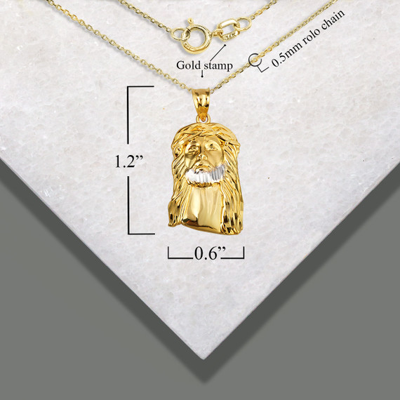 Two-Tone Gold Jesus Christ Head Diamond Cut Pendant Necklace with measurements