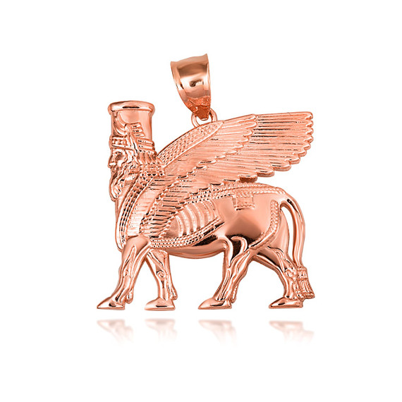 Rose Gold Ancient Assyrian God Lamassu Winged Bull Pendant