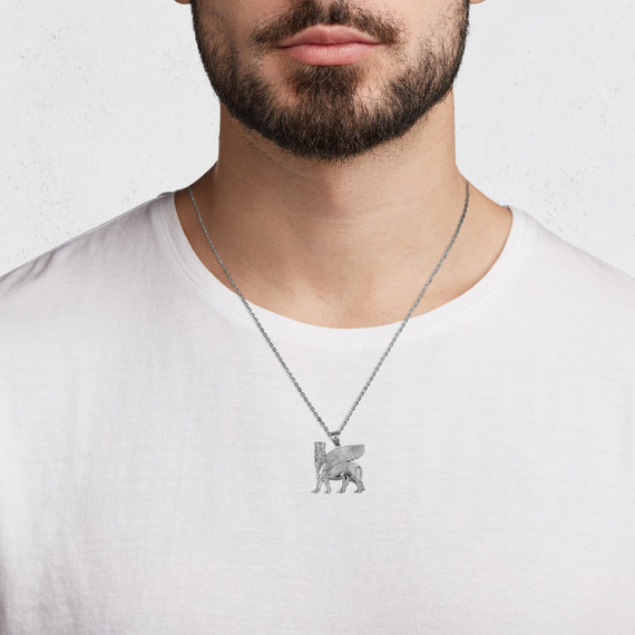 .925 Sterling Silver Ancient Assyrian God Lamassu Winged Bull Pendant Necklace on male model