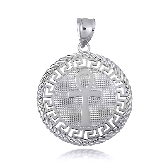 White Gold Ancient Egyptian Ankh Amulet Greek Key Roped Coin Pendant