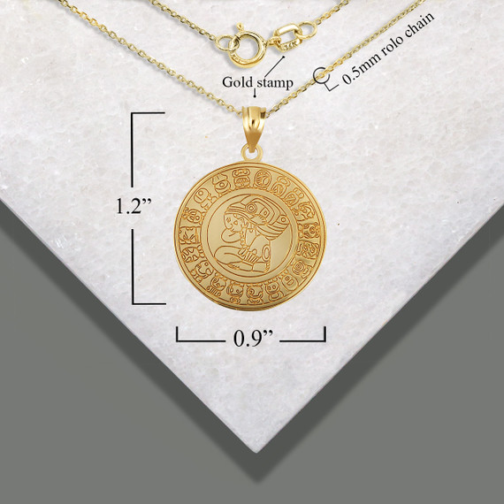 Gold Personalized Ancient Aztec Mayan Deity Sun Calendar Reversible Pendant Necklace with measurements