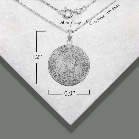 .925 Sterling Silver Engravable Ancient Aztec Mayan Deity Sun Calendar Reversible Pendant Necklace with measurements