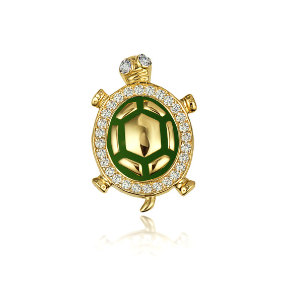 Gold CZ Studded Sea Turtle Enamel Pendant Necklace (Available in Yellow/Rose/White Gold)