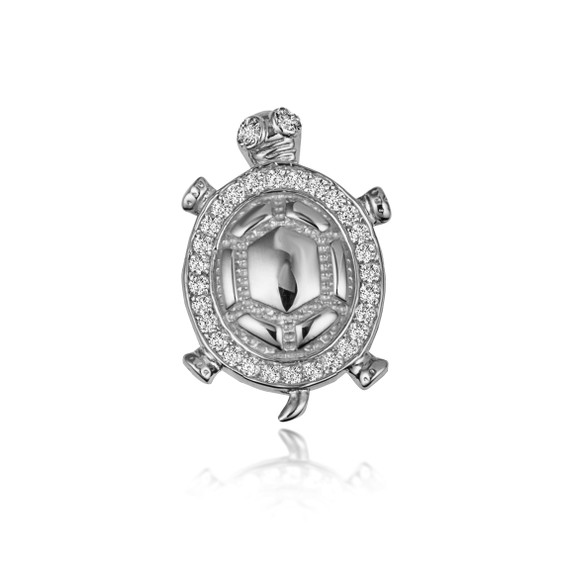 .925 Sterling Silver Sea Turtle Cubic Zirconia Studded Pendant