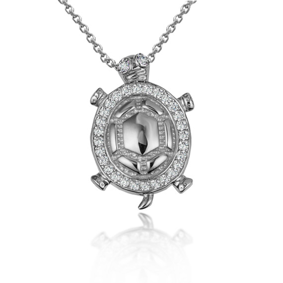 .925 Sterling Silver Sea Turtle Cubic Zirconia Studded Pendant Necklace