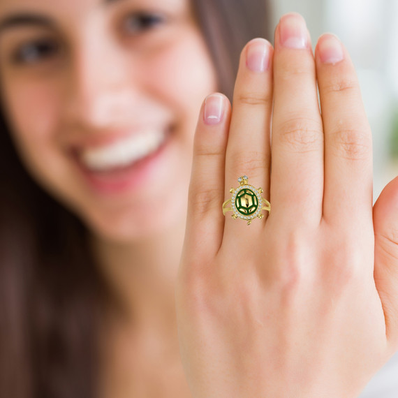 Yellow Gold CZ Studded Sea Turtle Enamel Ring (Small) on female model