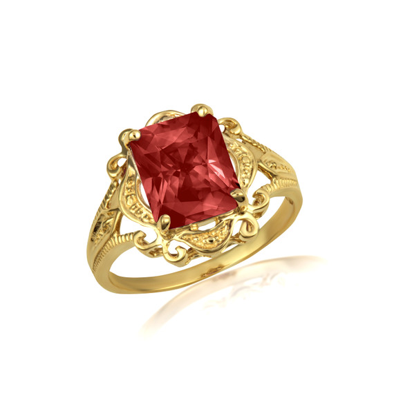 Yellow Gold Radiant Cut Garnet Gemstone Victorian Filigree Ring