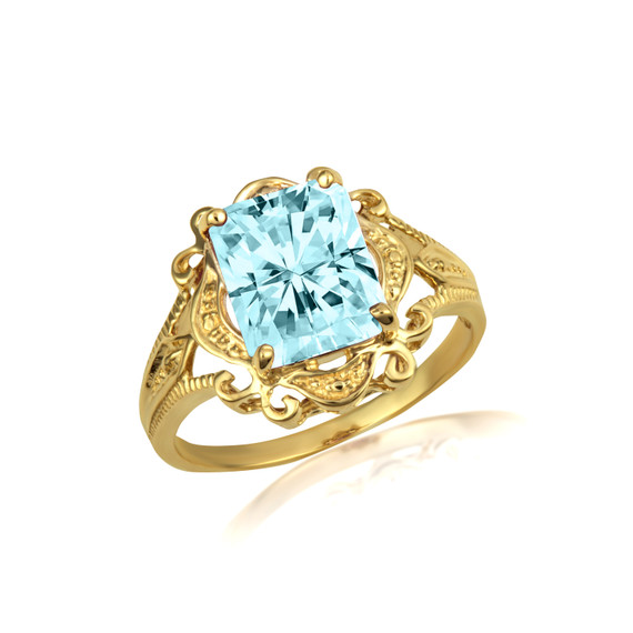 Yellow Gold Radiant Cut Aqua Gemstone Victorian Filigree Ring