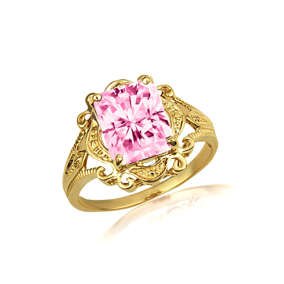 Yellow Gold Radiant Cut Pink CZ Gemstone Victorian Filigree Ring