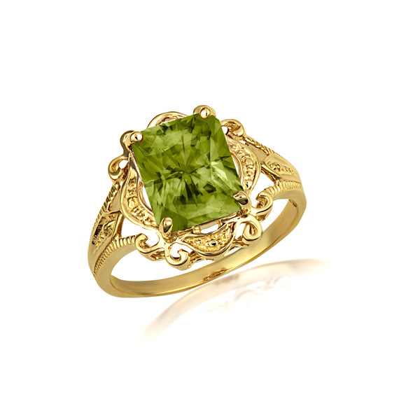Yellow Gold Radiant Cut Peridot Gemstone Victorian Filigree Ring