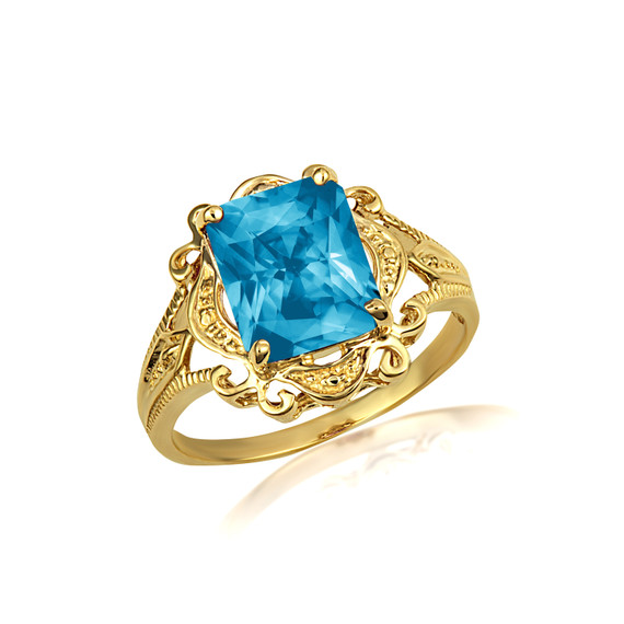 Yellow Gold Radiant Cut Blue Topaz Gemstone Victorian Filigree Ring