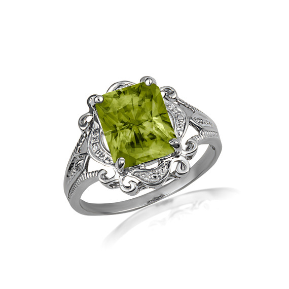 .925 Sterling Silver Radiant Cut Peridot Gemstone Victorian Filigree Ring