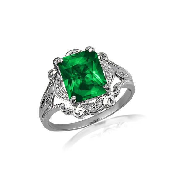.925 Sterling Silver Radiant Cut Emerald Gemstone Victorian Filigree Ring