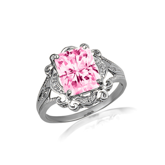 .925 Sterling Silver Radiant Cut Pink CZ Gemstone Victorian Filigree Ring