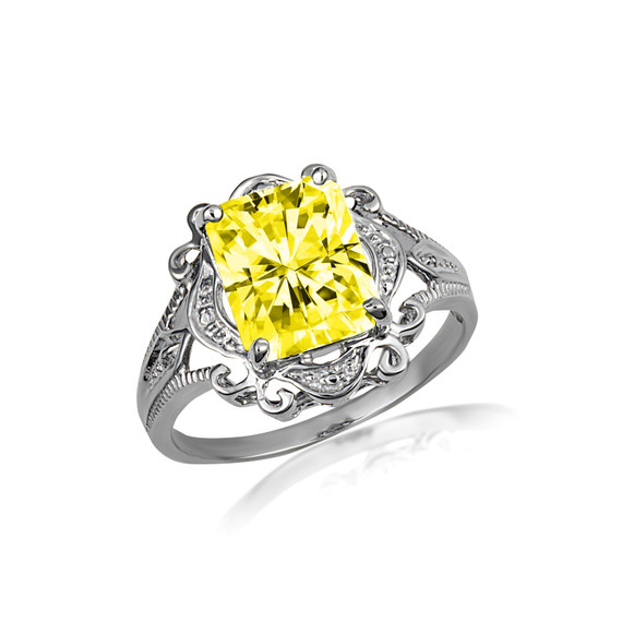 .925 Sterling Silver Radiant Cut Citrine Yellow Gemstone Victorian Filigree Ring