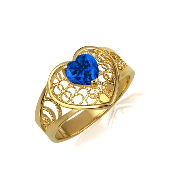 Yellow Gold Sapphire Gemstone Heart Filigree Ring