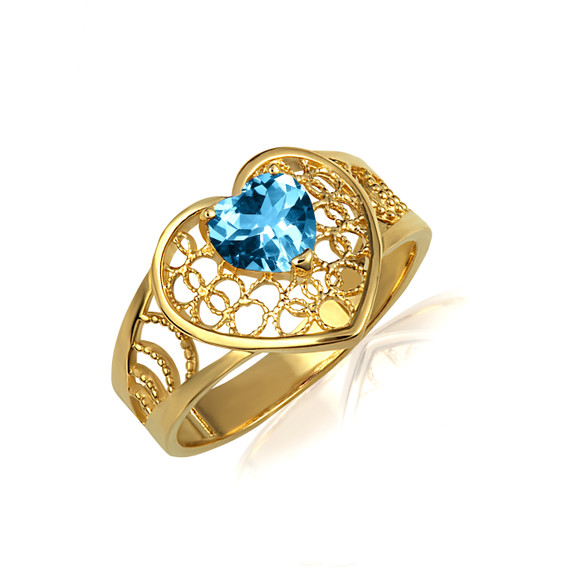 Yellow Gold Blue Topaz Gemstone Heart Filigree Ring