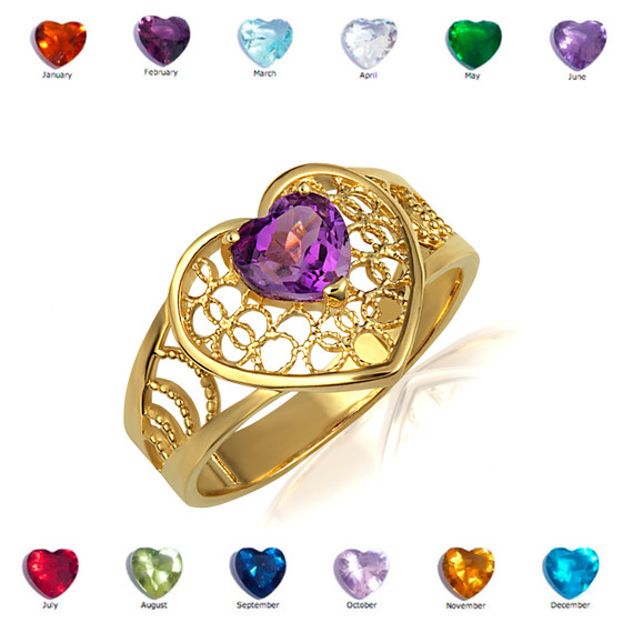 Yellow Gold Amethyst Gemstone Heart Filigree Ring