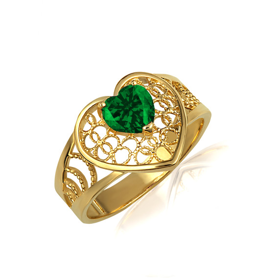 Yellow Gold Emerald Gemstone Heart Filigree Ring