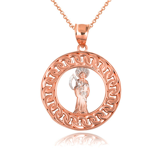 Rose Gold Santa Muerte Cuban Chain Link Frame Pendant Necklace