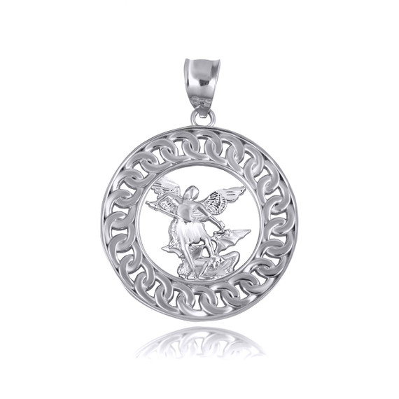 White Gold Saint Michael Cuban Chain Link Frame Pendant