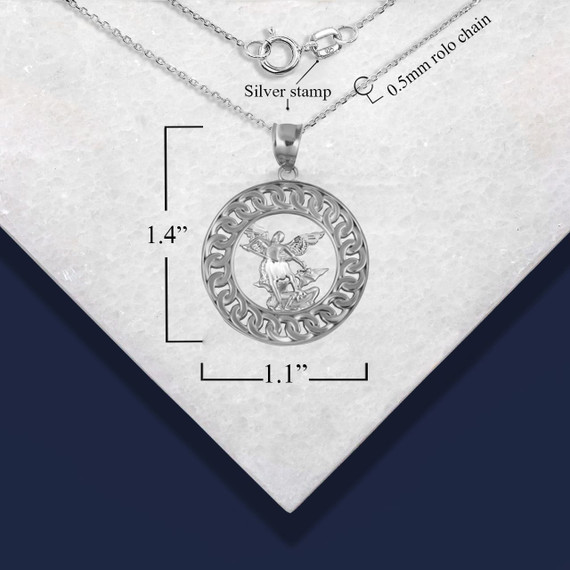 .925 Sterling Silver Saint Michael Cuban Chain Link Frame Pendant Necklace with measurement