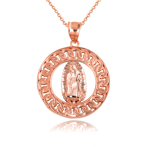 Rose Gold Our Lady Of Guadalupe Cuban Chain Link Frame Pendant Necklace