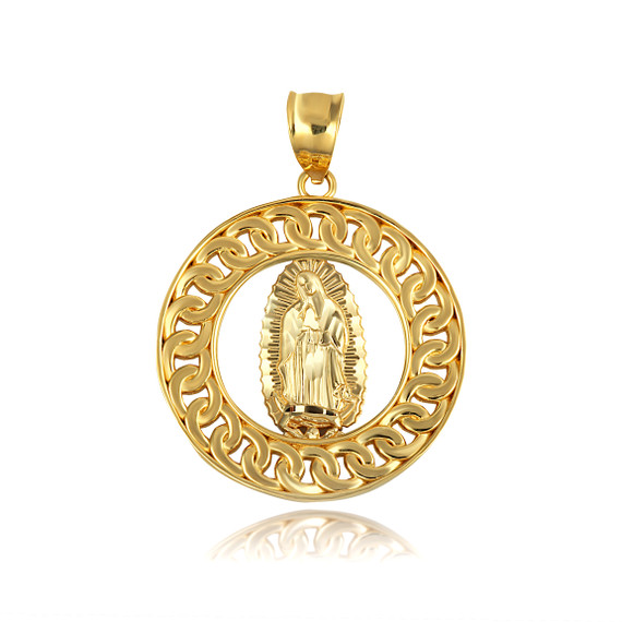 Yellow Gold Our Lady Of Guadalupe Cuban Chain Link Frame Pendant