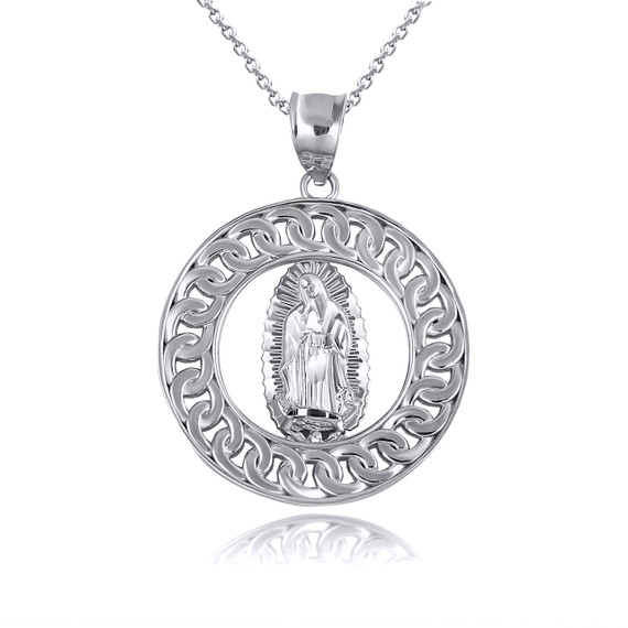 .925 Sterling Silver Our Lady Of Guadalupe Cuban Chain Link Frame Pendant Necklace