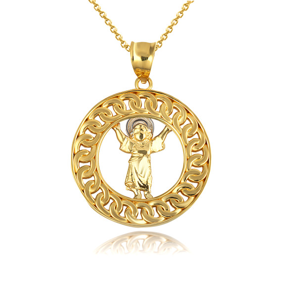 Yellow Gold Divino Niño Baby Jesus Cuban Chain Link Frame Pendant Necklace