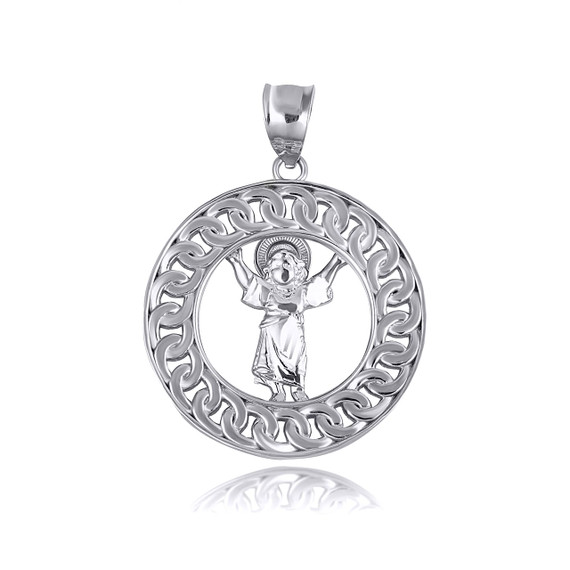 White Gold Divino Niño Baby Jesus Cuban Chain Link Frame Pendant