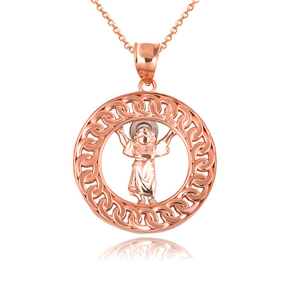 Rose Gold Divino Niño Baby Jesus Cuban Chain Link Frame Pendant Necklace