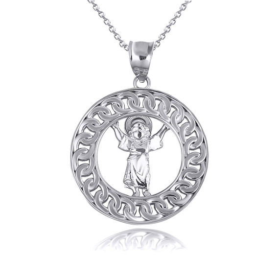 .925 Sterling Silver Divino Niño Baby Jesus Cuban Chain Link Frame Pendant Necklace