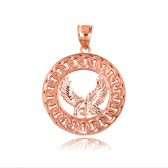 Rose Gold Soaring Freedom Eagle Cuban Chain Link Frame Pendant Necklace