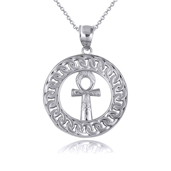 .925 Sterling Silver Egyptian Ankh Cross Cuban Chain Link Frame Pendant Necklace