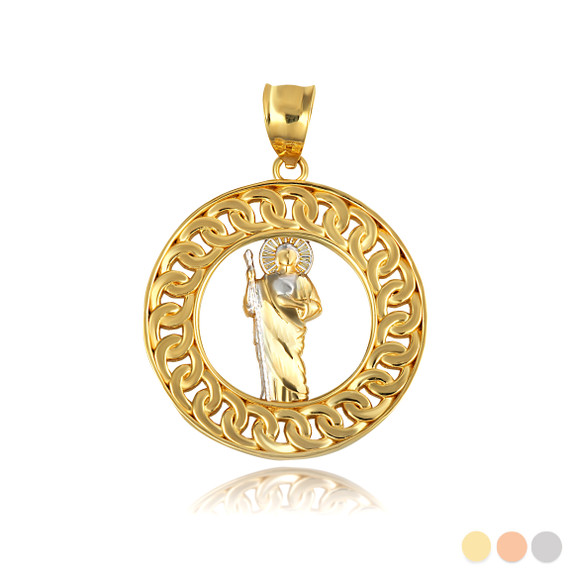 Yellow Gold Saint Jude Cuban Chain Link Frame Pendant