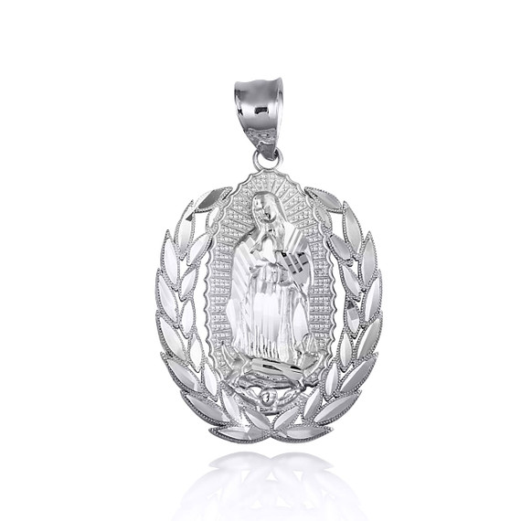 White Gold Our Lady Of Guadalupe Greek Laurel Wreath Frame Pendant