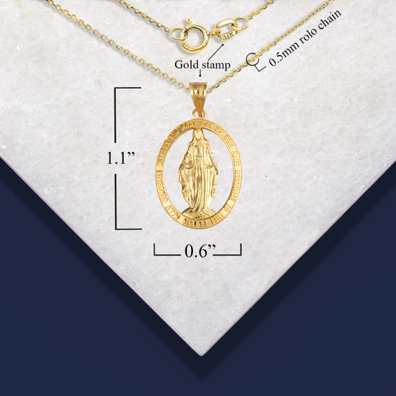 Gold Mother Virgin Mary Pray for Us Oval Pendant Necklace with measurements