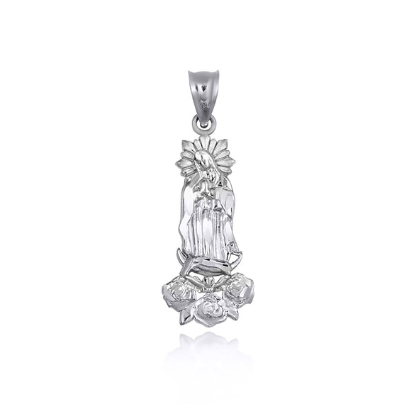 White Gold Our Lady Of Guadalupe Rose Flower Pendant