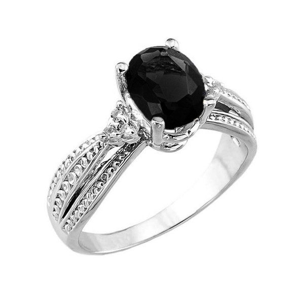 White Gold Midnight Black Sapphire and Diamond Engagement Proposal Ring