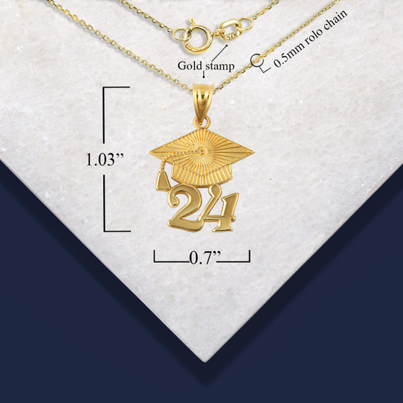 Gold Class of 2024 Graduation Cap Pendant Necklace with measurement