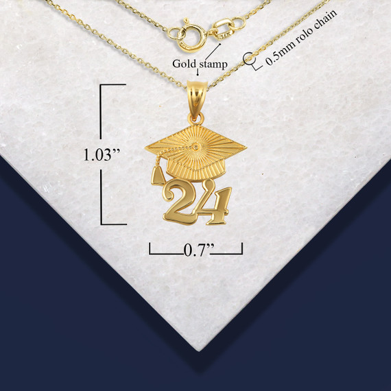 Yellow Gold Class of 2024 Graduation Cap Pendant Necklace with measurement
