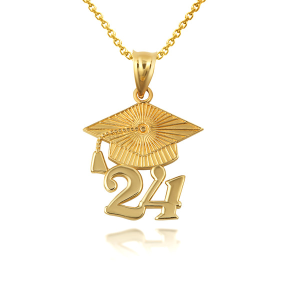 Yellow Gold Class of 2024 Graduation Cap Pendant Necklace