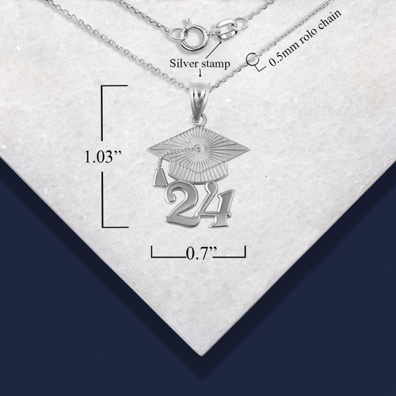 .925 Sterling Silver Class of 2024 Graduation Cap Pendant Necklace with measurements .925 Sterling Silver Class of 2024 Graduation Cap Pendant Necklace with measurements
