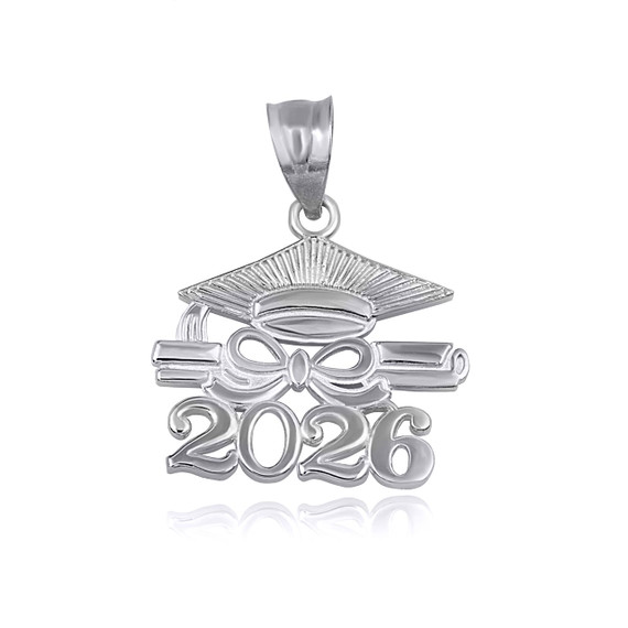 White Gold Class Of 2026 Graduation Cap & Diploma Infinity Ribbon Pendant